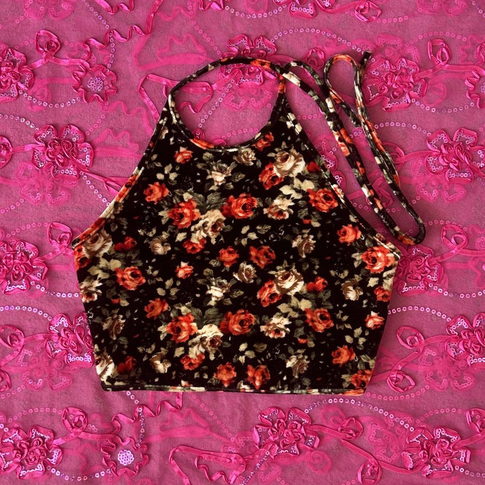 NWOT cotton candy LA rose print velour halter top